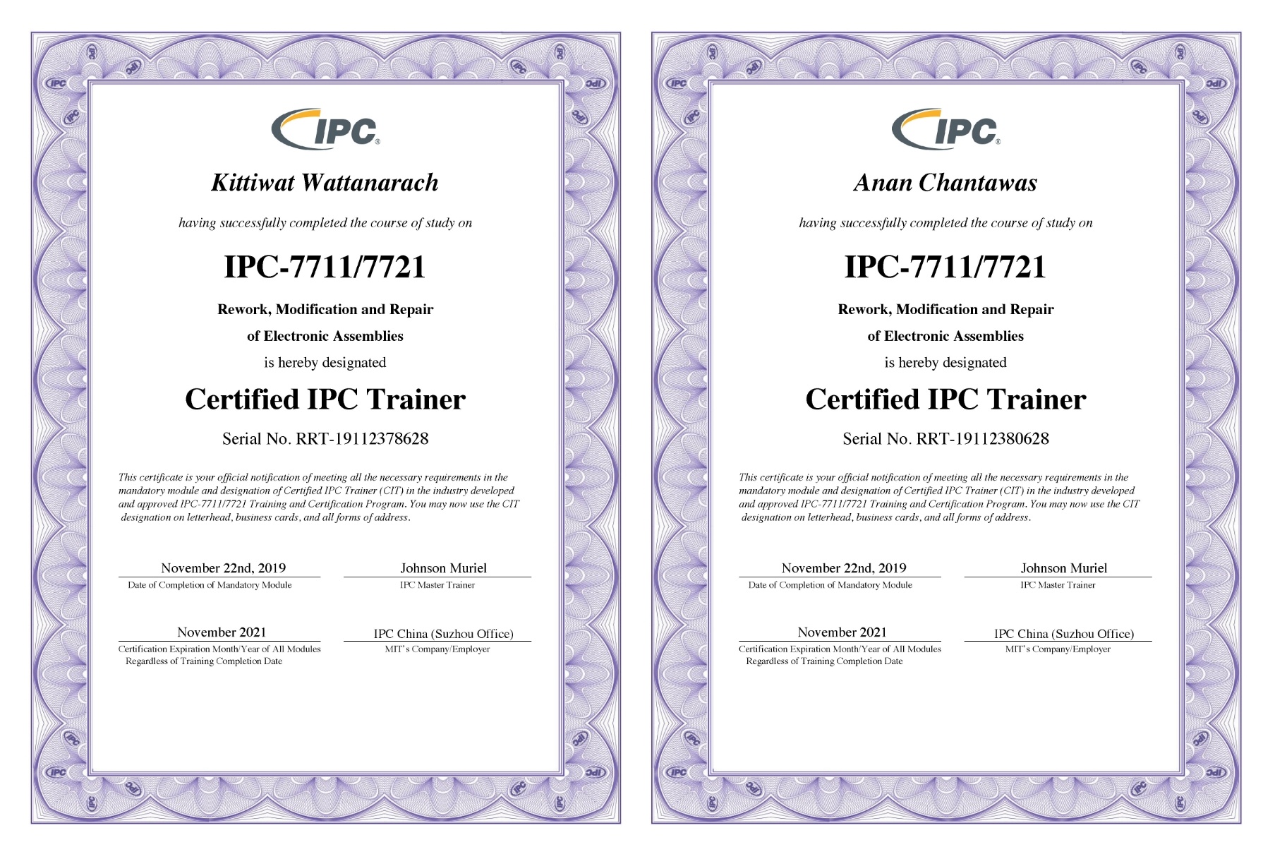 Certificates of Course Completion on Rework, Modification and Repair of Electronic Assemblies
